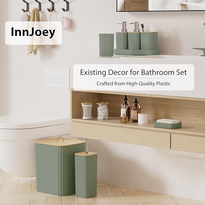 Bathroom Accessories Set - 10PC Bathroom Set, Sage Green Bathroom Set, Bathroom Accessories Set, Toilet Brush, Bathroom Trash Can & Soap Dispenser