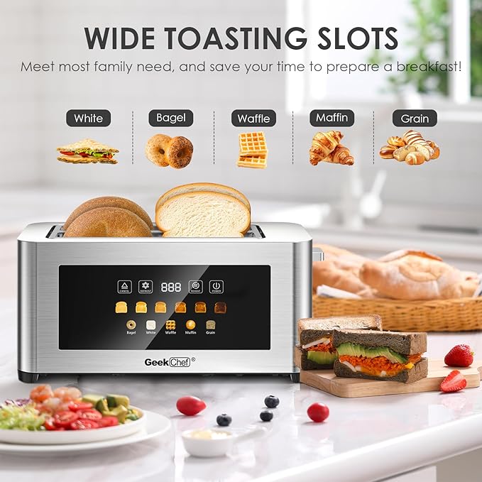 Geek Chef Touch Screen Toaster 4 Slice, 1.5" Extra Wide Slots for Bagels & Waffles, 6 Browning Levels, Timer, Reheat, Defrost, Cancel Function, Auto Shut-Off, Removable Crumb Tray, Stainless Steel