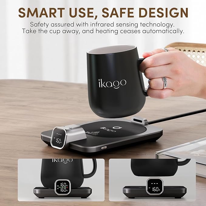 Coffee Mug Warmer Set, Temperature Control Smart Heated Mug for Desk, Electric Coffee Warmer with Auto Shut Off & Real-Time Temp Display, Gifts for Men Women, 15oz, Black