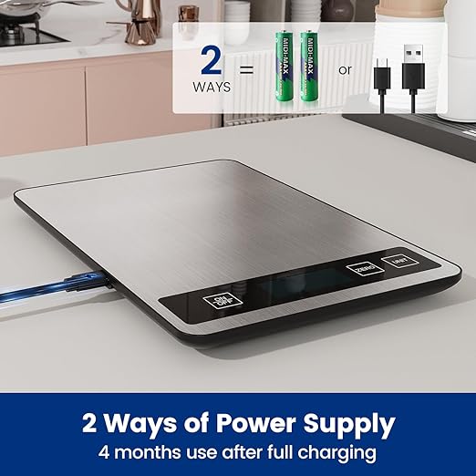【33 lb & USB Rechargeable】 Digital Kitchen Food Scale Kitchen Scale, Stainless Steel Digital Weight Grams and Oz, Baking and Cooking, 0.1oz/1g Precise, 6 Weight Units