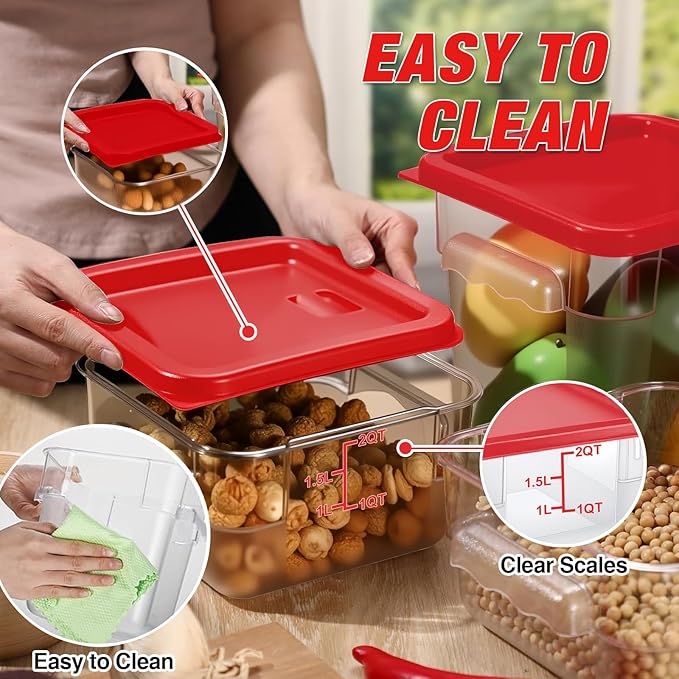 Airtight Square Food Storage Containers with Lids 4-Pack, Lock-Tight Seal for Flour, Sugar, Cereal, Keep Food Fresh, BPA-Free Stackable Kitchen Canisters with Measurements (Red, 2QT-4PACK)