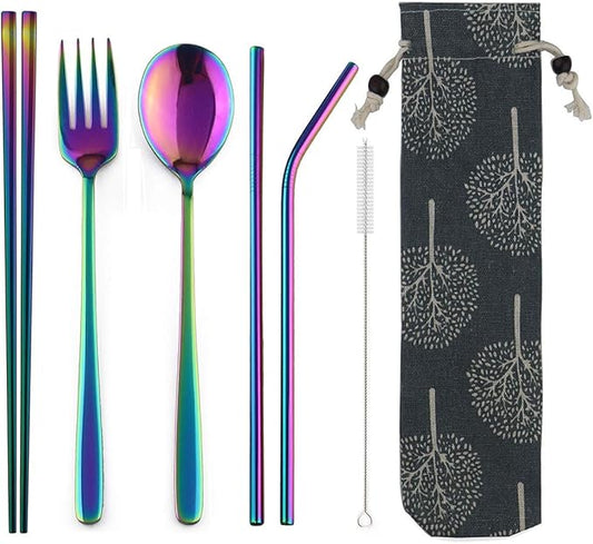 304 Stainless Steel Flatware Set Reusable Utensils Set with Straws Portable Travel for Camping Hiking,Dishwasher Safe,Set of 7, Mirror Colorful Rainbow