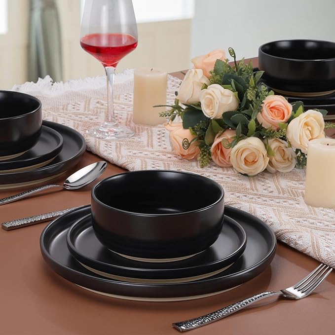 LIANYU Plates and Bowls Sets for 8, 24 Piece Stoneware Dinnerware Set, Porcelain Dishware for Kitchen and Dining, Microwave Oven Dishwasher Safe, High temperature & Scratch Resistant, Matte Black