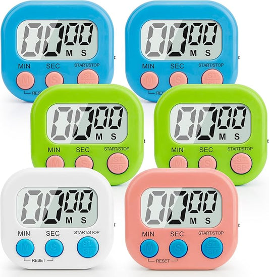 6 Pack Digital Kitchen Timer Multi-Function Magnetic Timers Classroom Timer for Kids Loud Alarm Big LCD Display Electronic Timers for Cooking, Classroom, Exercise, Meeting(Blue, Green, Pink, White)