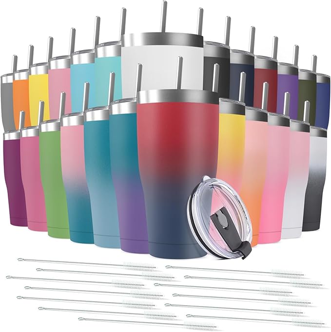 25 Pack 30oz Stainless Steel Tumblers Bulk Reusable Travel Mugs with Lid, Double Wall Powder Coated Coffe Cup for Home, Office, Outdoor Suitable for Vehicle Cup Holders Assorted Colors