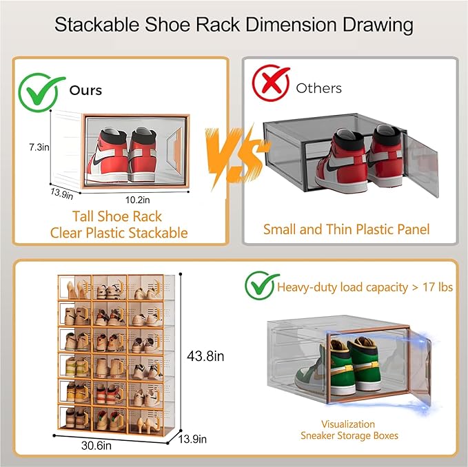 Foldable Shoe Rack Organizer for Closet, 18 Pack Stackable Shoe Storage Cabinet with Clear Door, Collapsible Shoe Organizer Box Display with Stackable System for Entryway