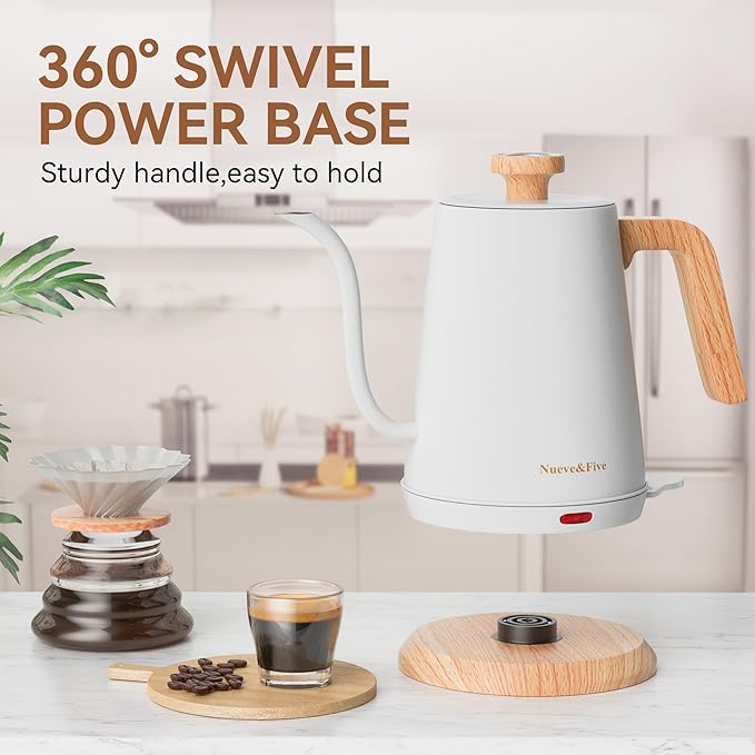 Nueve&Five Gooseneck Electric Kettle with Thermometer,Electric Tea Kettle 1L with Auto Shut-Off,1000W Hot Water Kettle of Stainless Steel for Coffee & Tea -White