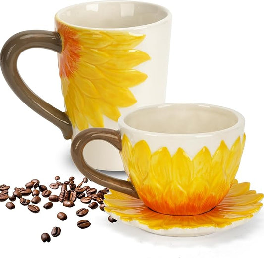 Ceramic Coffee Mug Set of 2-Sunflower Coffee Cups Set Include 15 oz Large Coffee Mug,9 oz Wide Cappuccino Cup with Saucer,3D Novelty Coffee Cups for Tea,Latte,Hot Cocoa,Milk,Birthday/Christmas Gifts