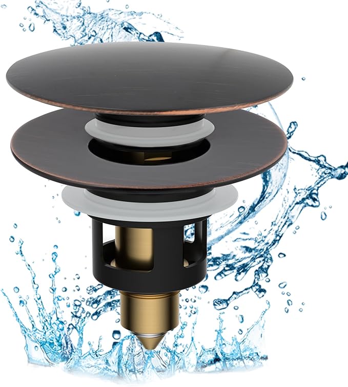 Hibbent All Metal 2 in 1 Bathroom Sink Stopper, Universal Pop Up Drain Strainer, Brass Bullet Core Push Type Stopper for 1.1''~2.3'' Basin, Big Push Button, Anti Clogging Filter, Oil-Rubbed Bronze