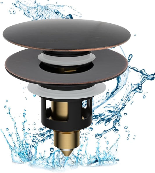 Hibbent All Metal 2 in 1 Bathroom Sink Stopper, Universal Pop Up Drain Strainer, Brass Bullet Core Push Type Stopper for 1.1''~2.3'' Basin, Big Push Button, Anti Clogging Filter, Oil-Rubbed Bronze
