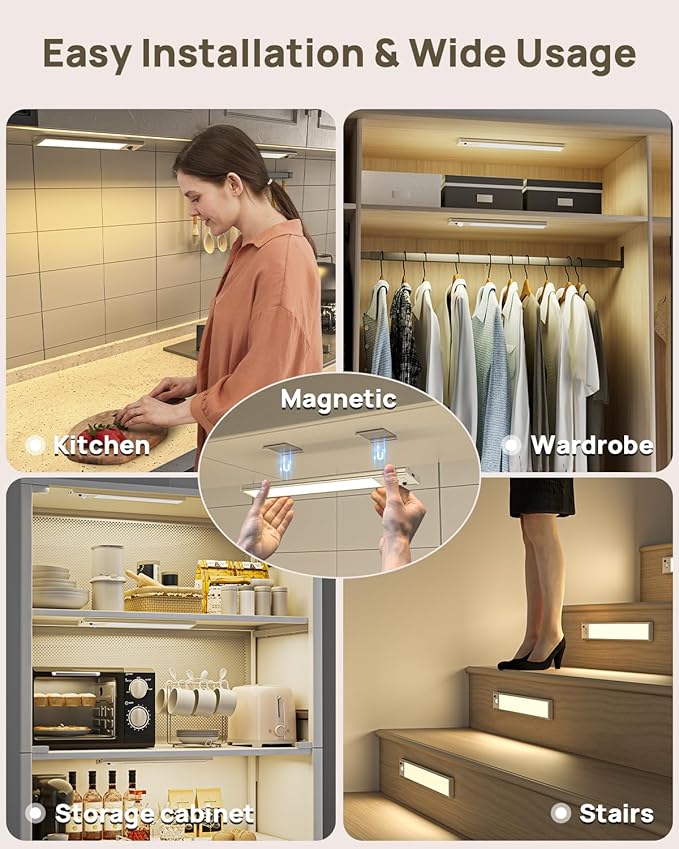 Under Cabinet Lights with Remote Control, USB Rechargeable LED Motion Sensor Light Indoor, Magnetic Wireless Under Counter Lights, 3 Color Dimmable Closet Lights for Kitchen,Cabinet,Bedroom, 8 Pack