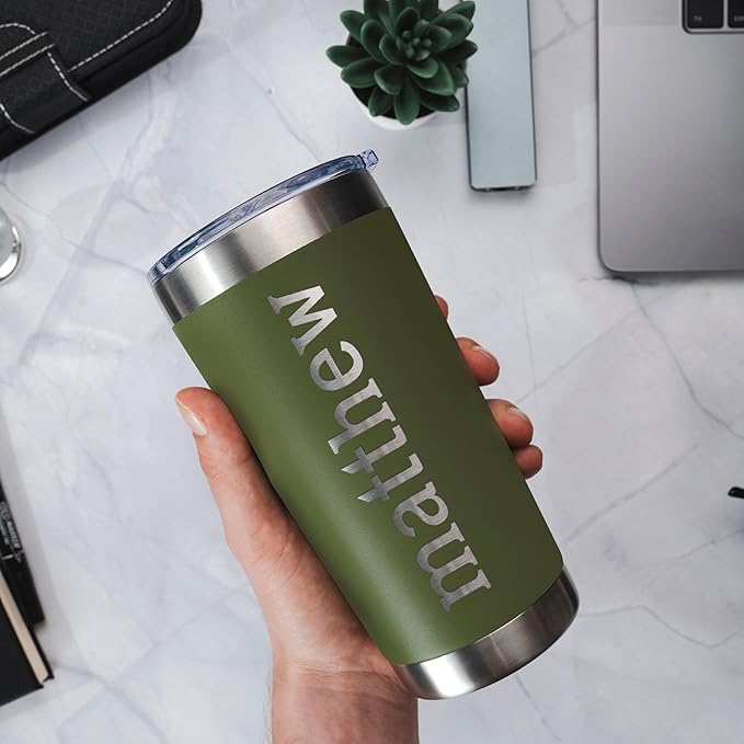 Personalized Tumblers, Stainless Steel 20 oz Tumbler w/Lid |13 Different Designs| Personalized Cups Double Walled Insulated Coffee Cup for Travel, Work, Gym, Fitness | Hot and Cold Drink Use - Army