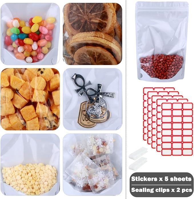 150-pack 7" x 10" Stand Up Mylar Bags with Clear Window 1 Quart Large Resealable Foil Pouches for Food Storage Smell Proof Edible Packaging Bag for Cookies and Small Business, Bulk