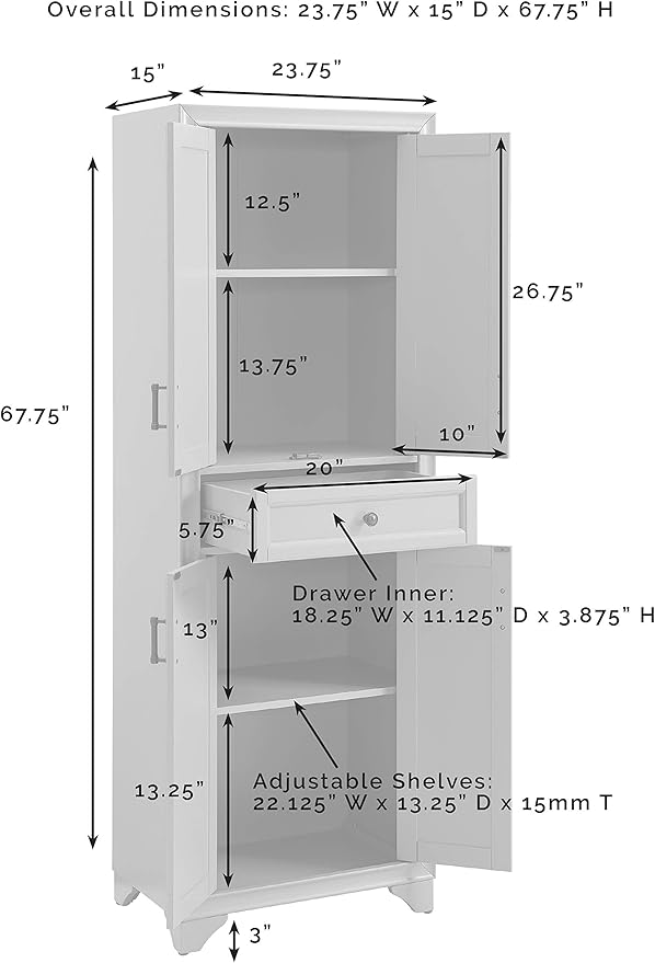 Crosley Furniture Tara Pantry Storage Cabinet with Shelves, Kitchen, Dining, or Laundry Room, Distressed White
