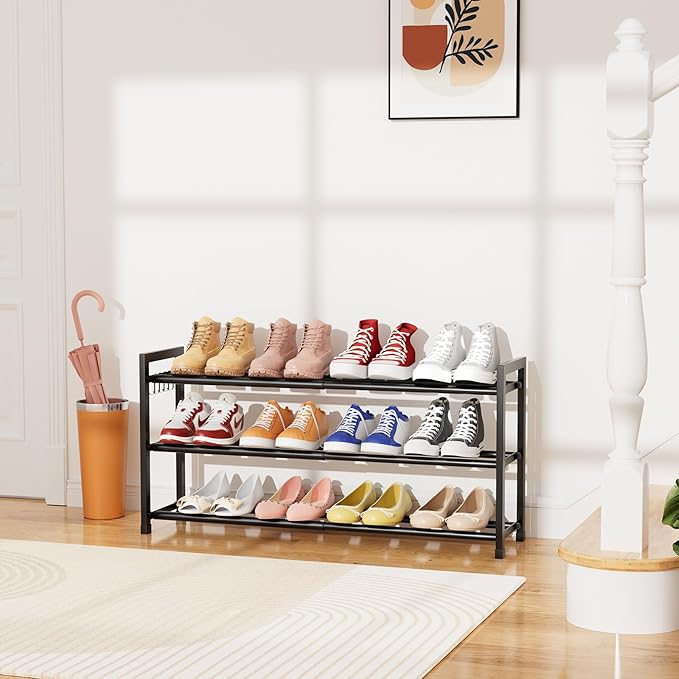 Expandable Shoe Rack for Closet Adjustable Metal Shoe Rack for Entryway 18.5"-33" Free Standing Shoe Organizer 12 Pairs with Hooks 3-Tier Small Shoe Shelf for Bedroom Garage Dorm Floor, Black