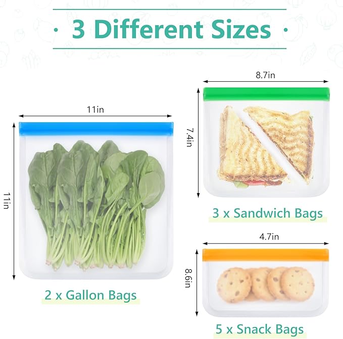 10 Pack Reusable Sandwich Bags, Dishwasher Safe Food Storage Bags, Leakproof Freezer Bags for Marinate Meats, Travel, Lunch, 2 Gallon 3 Sandwich 5 Snack