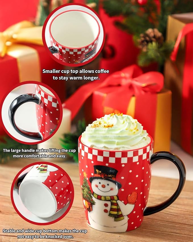 HASENSE Christmas Coffee Mugs Set of 6,15oz Ceramic Mug Gift, Matching Xmas Holiday Cups with Handles for Hot Cocoa,Coffee,Christmas Gifts for Women,Family, Friends