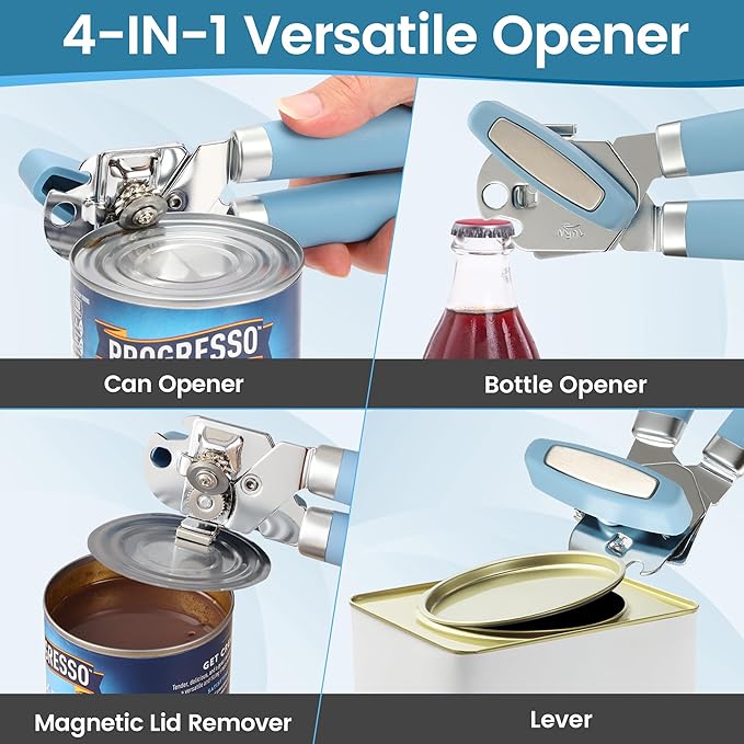 Heavy Duty Manual Can Opener with Magnet and Bottle Opener, Vayvnt Stainless Steel Can Opener, Oversized Handle Easy Use, Multifunctional Kitchen Essentials for Seniors, Sharp Blade&Smooth Edge, Blue
