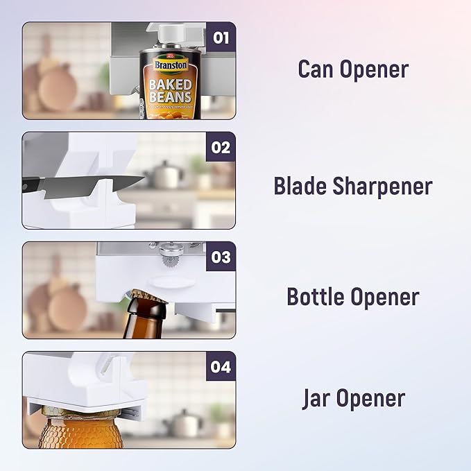 Electric Can Opener - 4 in 1 Under the Cabinet Mounted Can Opener, Blade Sharpener, Bottle Opener, Mounting Bracket for Seniors with Arthritis - Elitra Home (White)