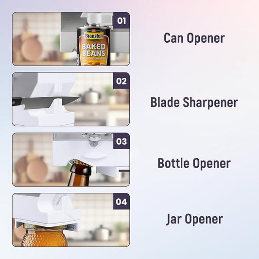 Electric Can Opener - 4 in 1 Under the Cabinet Mounted Can Opener, Blade Sharpener, Bottle Opener, Mounting Bracket for Seniors with Arthritis - Elitra Home (White)