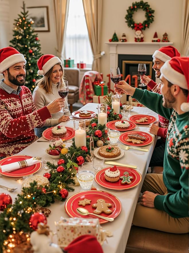 350Pieces Red Plastic Plates with Gold Rim Include 50Dinner Plate 10”, 50Dessert Plate 7”, 50 gold Cups 9 OZ, 50 Pre Rolled Napkins for Christmas Party