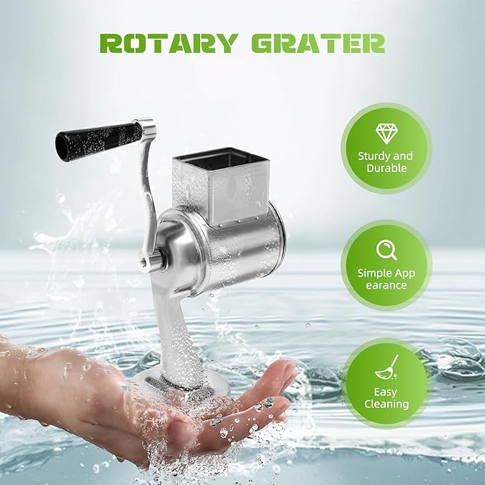 Stainless Steel Rotary Vegetable Cheese Grater Potato Slicer, 5-In-1 Countertop Cheese Grater Manual Kitchen Shredder Round Food Chopper with Blades for Cafeterias Restaurants Hotels