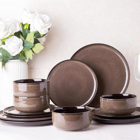 LeRatio Ceramic Dinnerware Sets for 4,12-Piece Plates and Bowls,Handmade Reactive Glaze Dishes Set, Scratch Resistant | Oven&Dishwasher & Microwave Safe,Service for 4（12pcs),Modern-Chestnut