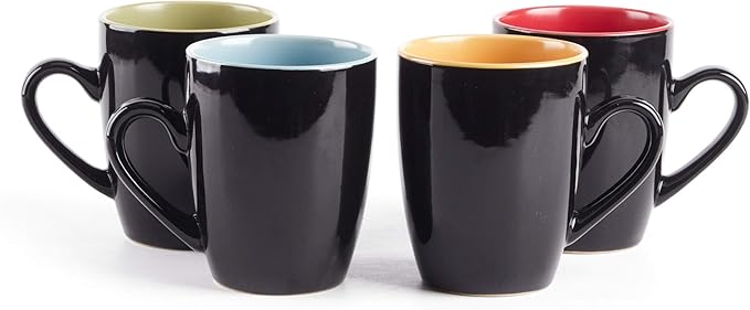 Stoneware Two-Tone Colors Life 16pc Dinnerware Set，Outside Shinny Black + Inside Matte Finished Very Funny - 4 Assorted Colors Turquoise, Olive, Curry and Red
