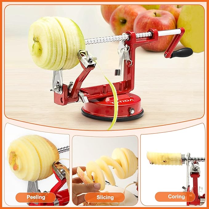 Apple Peeler Corer, Long lasting Chrome Cast Magnesium Alloy Apple Peeler Slicer Corer with Stainless Steel Blades and Powerful Suction Base for Apples and Potatoes(Red)