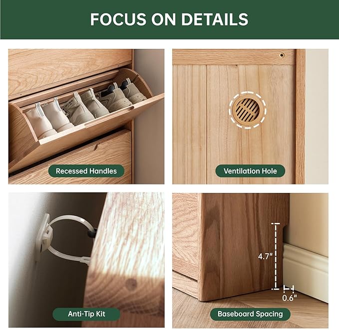 Oak Shoe Cabinet with 3 Flip Drawers, Solid Wood Shoe Storage Cabinet, Narrow Shoe Organizer for Entryway, 7.9" x 33.5" x 45.7", Oak Wood, Natural