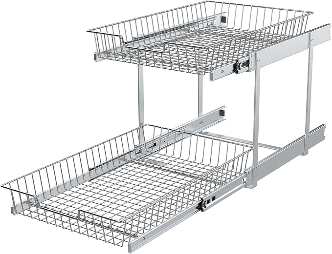 2 Tier Individual Pull Out Cabinet Organizer 11"W x 21" D, Pull Out Shelves Slide Out Kitchen Storage Sliding Shelvesfor Organization in Kitchen, Chrome