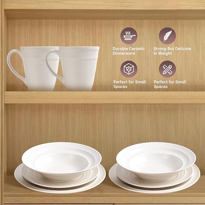 Modern Ceramic Dinnerware Set, 4-Piece, Mug, Bowl and Dinner Plates (White)