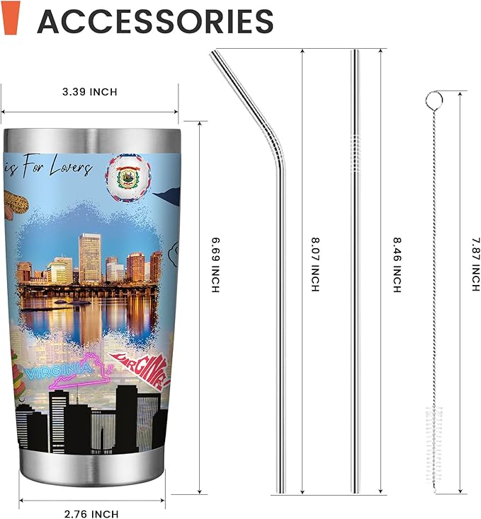 20oz Insulated Tumbler Virginia State Coffee Mug, United States Map Travel Mug Landmark, Birthday Gifts Cute Custom Tumbler Cups with Lid and Straw Gifts for Mom