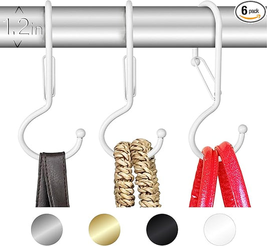 6 Purse Hanger for Closet. Tote Hanger. S-Shaped Hooks S Hooks Twist Design. Anti Drop S-Shaped Hook for Hanging Handbags with Safety Buckle to Prevent Falls. Heavy Duty. (White, Twisted)
