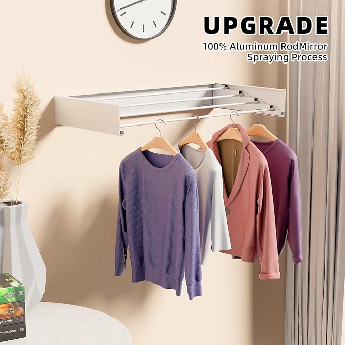 Laundry Drying Rack Collapsible, Wall Mounted Clothes, Retractable Wall Drying Rack, 24" Wide, 4 Aluminum Rods, Max 60 lb Capacity (White, 23.6'')