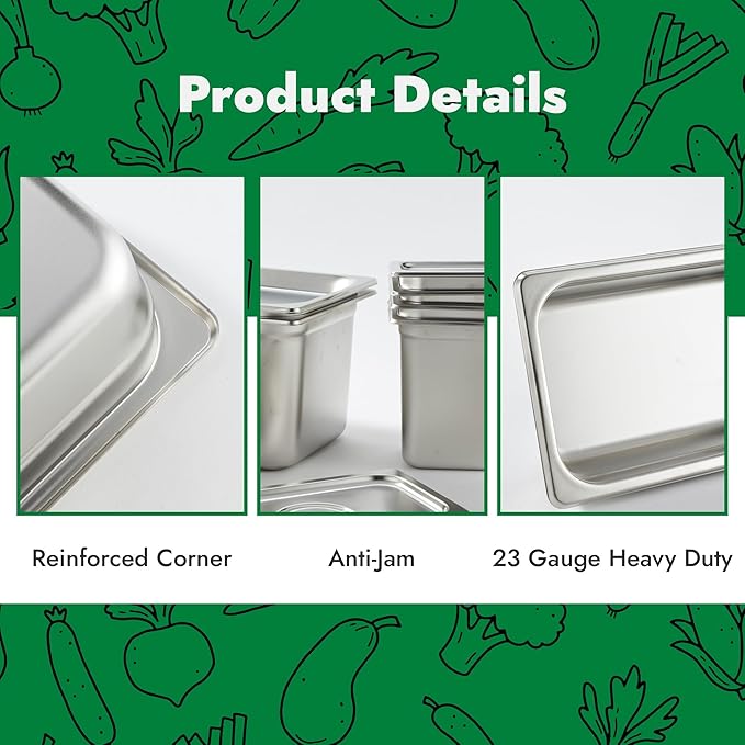 HECMAC 6 Pack Anti-Jam Hotel Pans, 1/9 Size 4 Inch Deep, Commercial Stainless Steel Chafing Steam Table Pan, Catering Storage Metal Food Pan