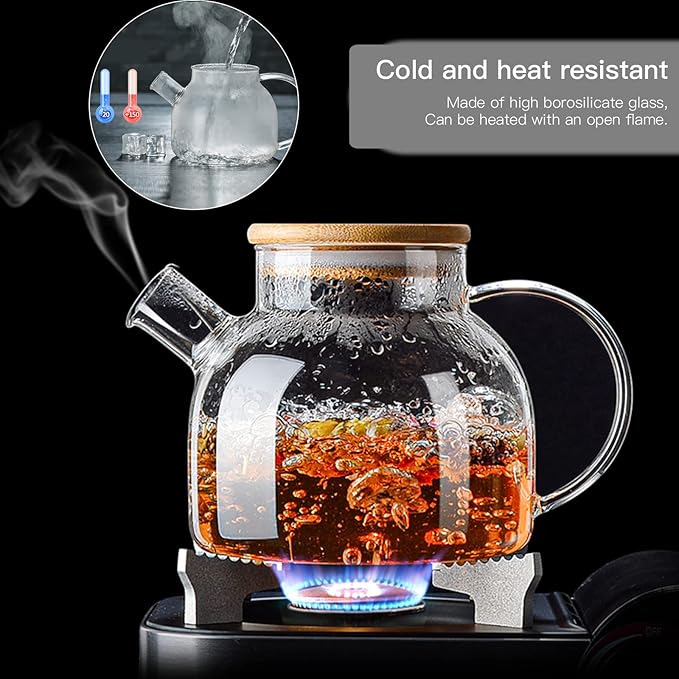 Glass Teapot 34oz/1000ml, Stovetop & Microwave Safe Borosilicate Tea Pot,Clear Teapot with Strainer, Glass Tea Kettle with Wooden Lid for Loose Leaf、Fruit Tea and Fragrant Tea