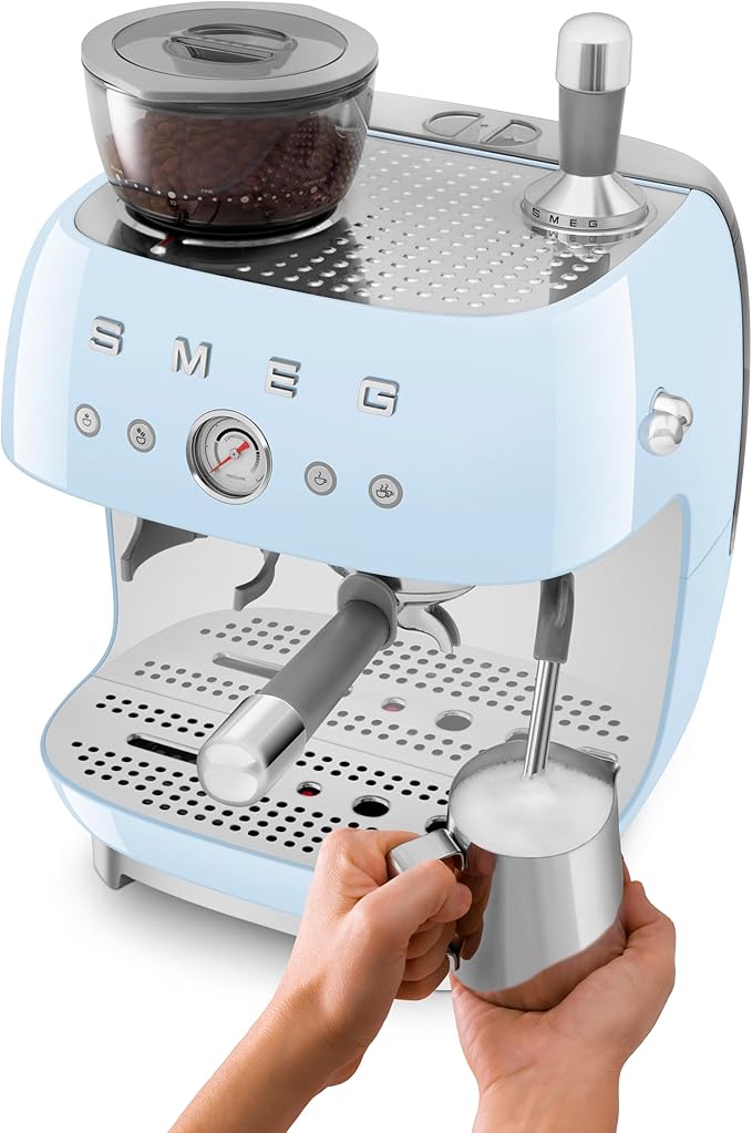 Smeg EGF03 Semi-Automatic Espresso Machine with Built-In Grinder, Dual Thermoblock, 50’s Retro Style – Pastel Blue (120 V)