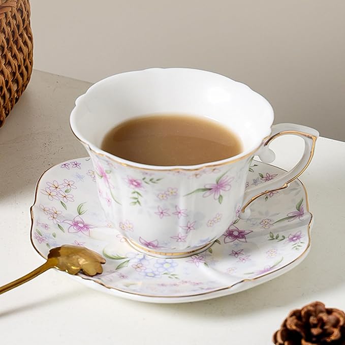 Bone China teacups,Vintage flower Pattern Espresso Teacups and Saucers,ceramic Coffee Mug Set & tea cups for women,about 7 oz(200 ml), Style02