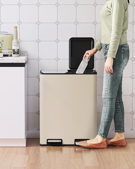 Arlopu 16Gal Dual Trash Can w/2 Built-in Box for Odor Control, Hands-Free Kitchen Garbage Bin, Recycle Waste Dustbin, Soft-Close Lid, 2 Buckets,Foot Pedal, Side Handle, Airtight,for Home (Brown)