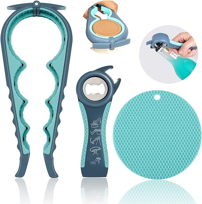 Jar Opener for Weak Hands, Seniors with Arthritis, 5 in 1 Multi Function Bottle Opener Lid Opener For Arthritic Hands with Non Slip Rubber Jar opener Gripper Pad