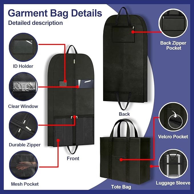 Heavy Duty Clothing Storage Garment Bag, Large Zippered Garment Bags for Hanging Clothes, Breathable Travel Garment Bags for Long Dresses and Suits, Hanging Garment Bags for Closet Storage 43 inches