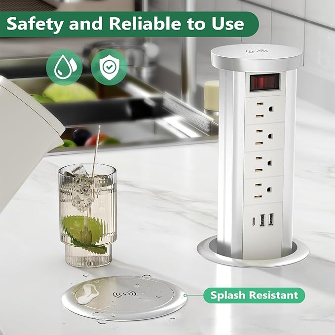 Pop Up Outlet Countertop with 10W Wireless Charger, 4 Outlets,3 USB Ports, Automatic Pop Up Outlet for Kitchen Counter Islan, Office Conference Table,Splash Resistant