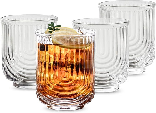INSETLAN 12oz Vintage Glassware Arch Design Glass cups Set of 4, Fashioned Ripple Glassware Highball Glass, Classic Transparent Cocktail Glasses, for Bar Beverages Ice Coffee Juice Water (4pcs-S)