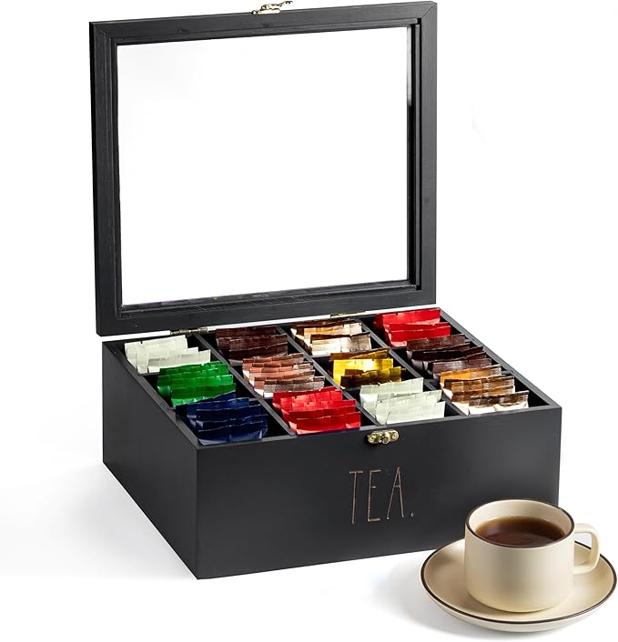 Rae Dunn Tea Bag Organizer - Tea Box Divided Storage Container Box with Hinge Lid for Kitchen Cabinet, Countertop, Pantry, Hold Coffee Pods, Seasoning Packets, Condiments, Black