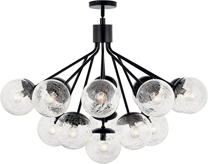 KICHLER Silvarious 16-Light Convertible Chandelier, Soft Modern Light with Clear Crackled Glass in Black, for Dining Room, Living Room or Foyer (26" x 38"), 52702BK