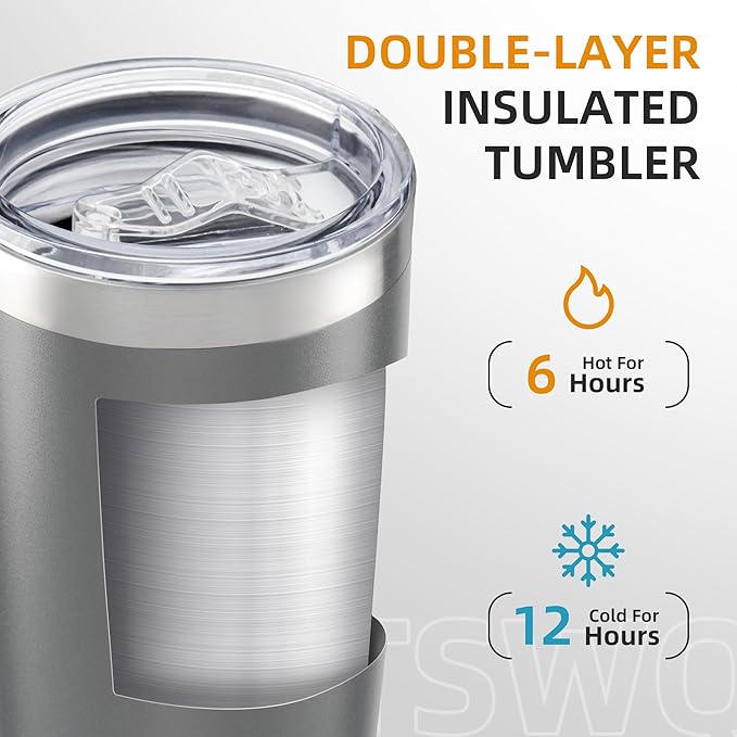 20 oz Tumbler Bulk with Lid Stainless Steel Insulated Tumblers Double Wall Vacuum Coffee Mug Powder Coated Tumbler Cups for Cold and Hot Drinks, Grey, 6 pack