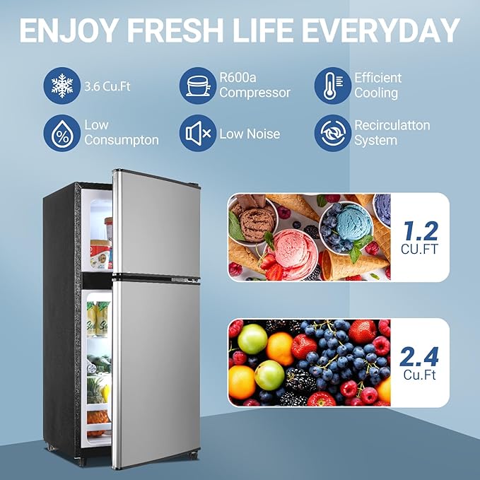 Mini Refrigerator with Freezer 4.0 Cu. Ft., Small Dorm Fridge with Freezer, Adjustable Thermostat Compact Fridge Freezers for Apartment, Dorm, Kitchen, Office, Silver