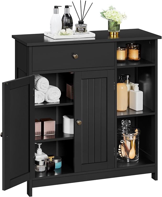 Yaheetech Bathroom Storage Cabinet, Bathroom Floor Cabinet with 2 Doors and 1 Drawer, Storage Units with 3 Open Compartments and Adjustable Shelves for Living Room, Entryway, Black