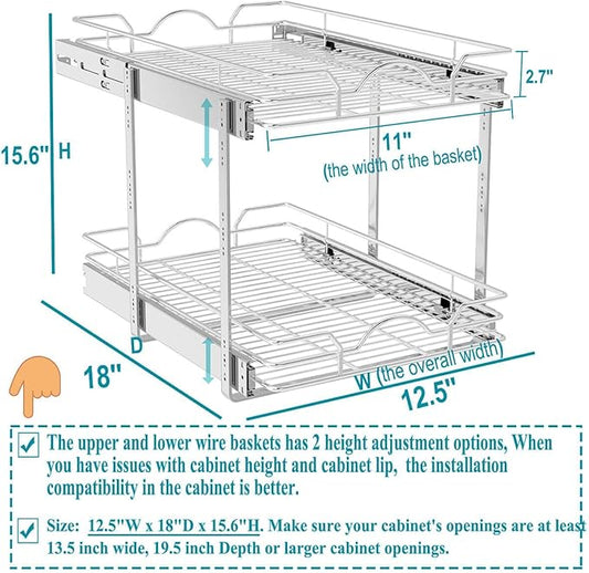 OCG 2 Tier Pull Out Cabinet Organizer (12.5" W x 18" D), Pull Out Drawers for Kitchen Cabinets, Pull Out Shelves for Base Cabinet Organization in Kitchen Bathroom Pantry, Chrome Finish
